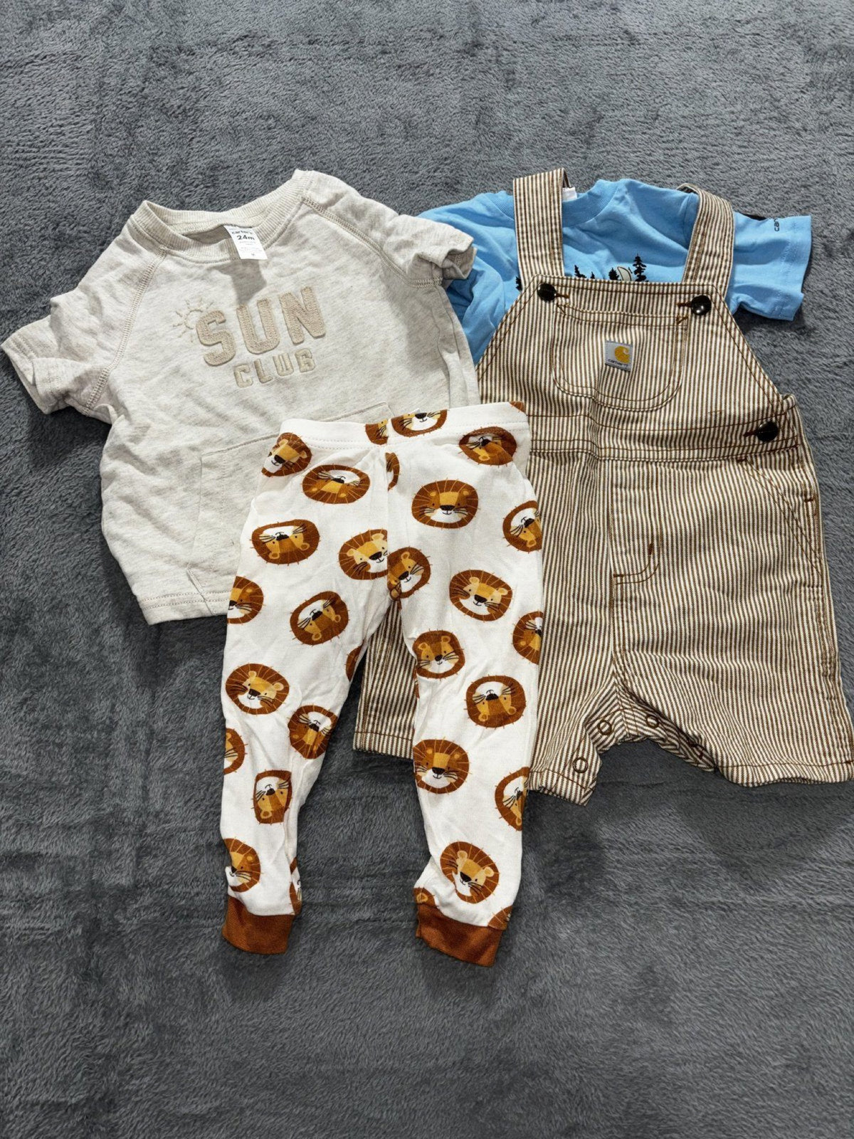 Carhartt Carter's Baby 24M 4 Piece Bundle Striped Overalls Tee Lion Print Pants