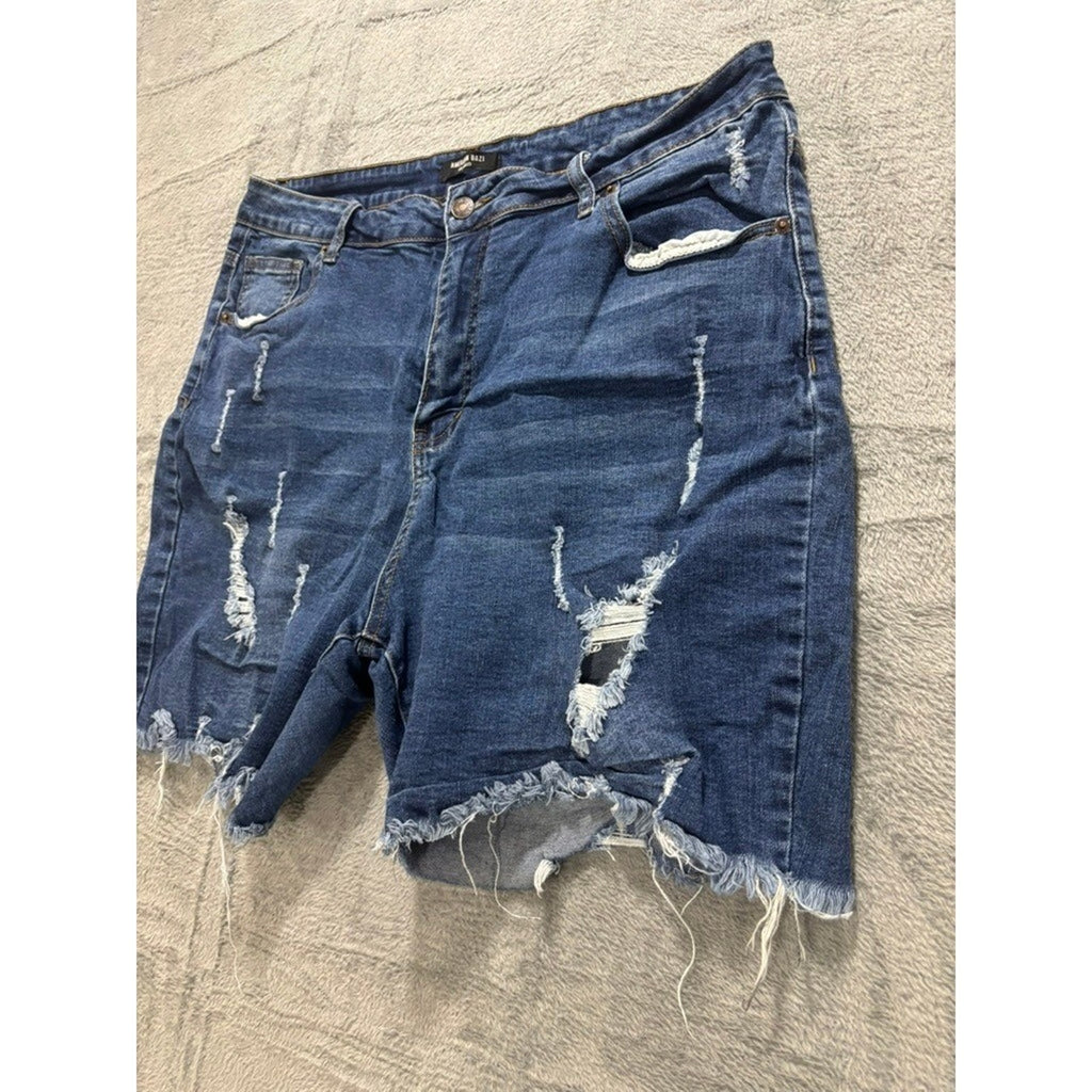 American Bazi Plus 2X Distressed Denim Shorts Medium Wash Raw Hem Stretch