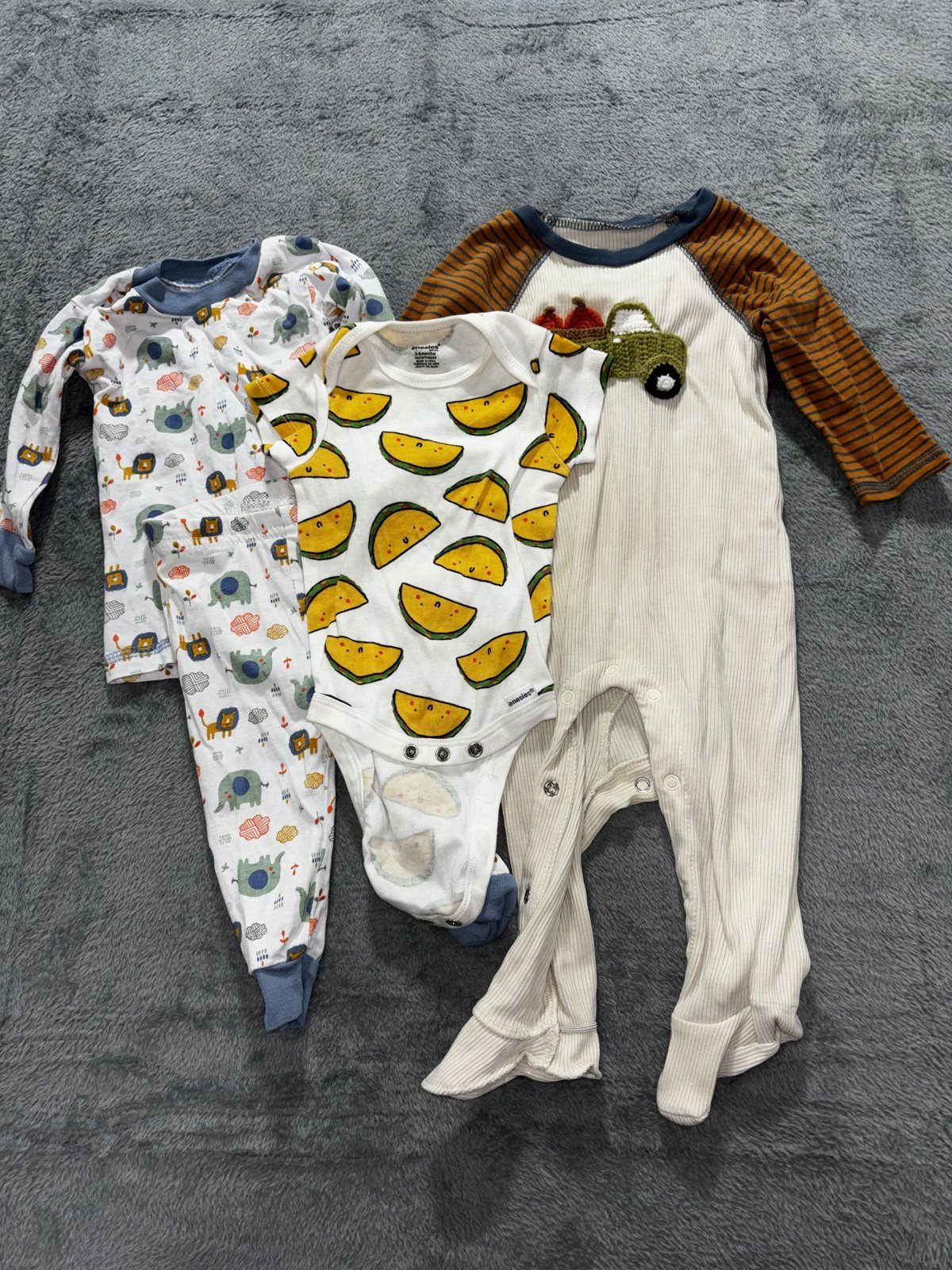 Mud Pie Baby 3-6M 4 Piece Bundle Tractor Romper Taco Bodysuit Swiggies Pajamas