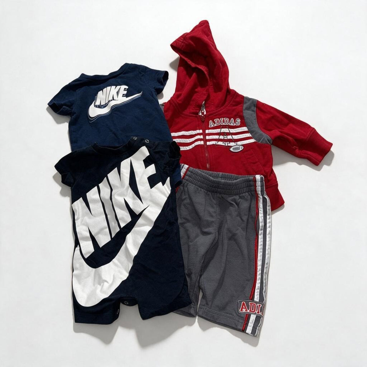 Nike Adidas Baby 3M 4 Piece Bundle Navy Rompers Red Hoodie Gray Pants