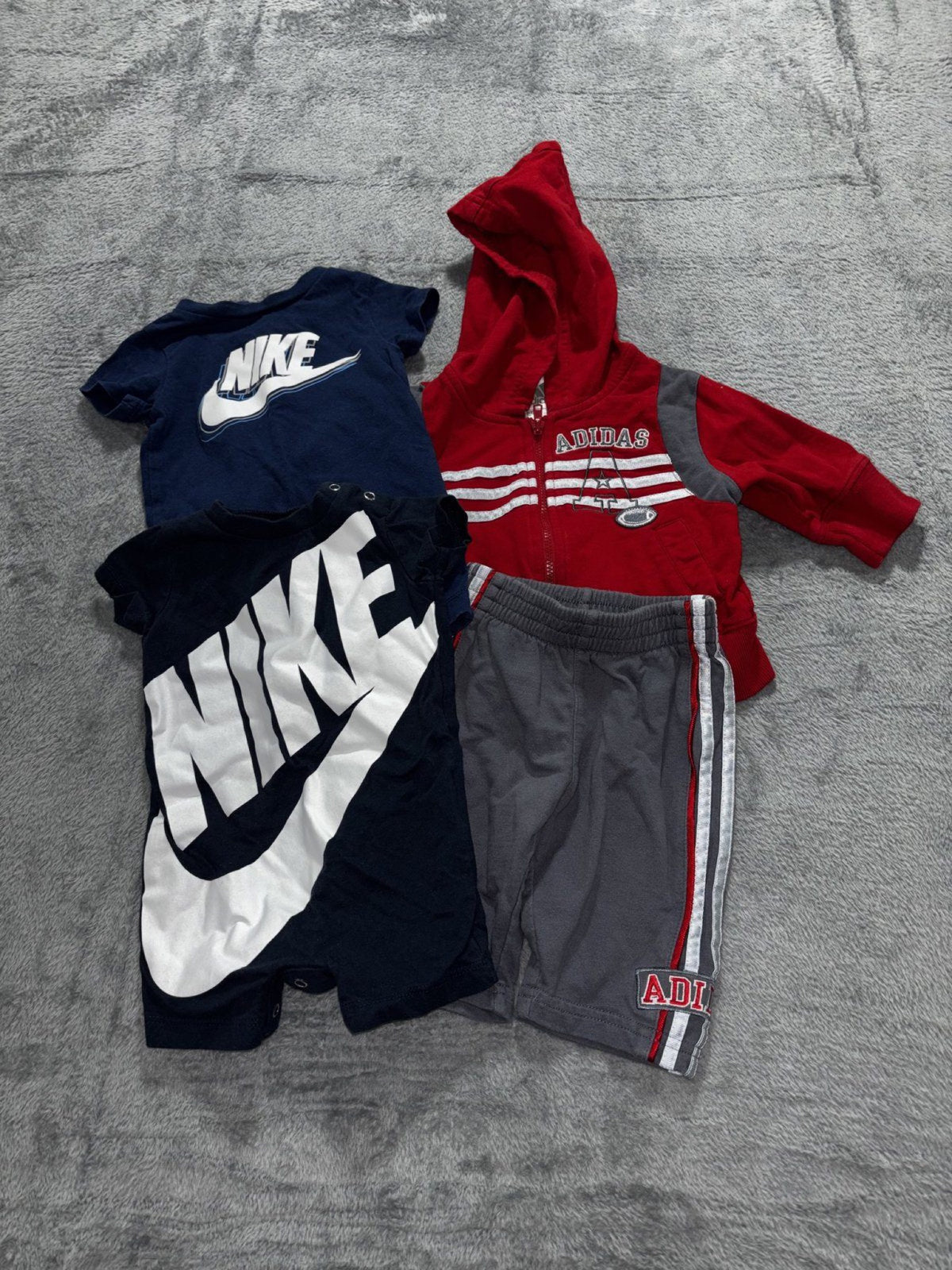 Nike Adidas Baby 3M 4 Piece Bundle Navy Rompers Red Hoodie Gray Pants