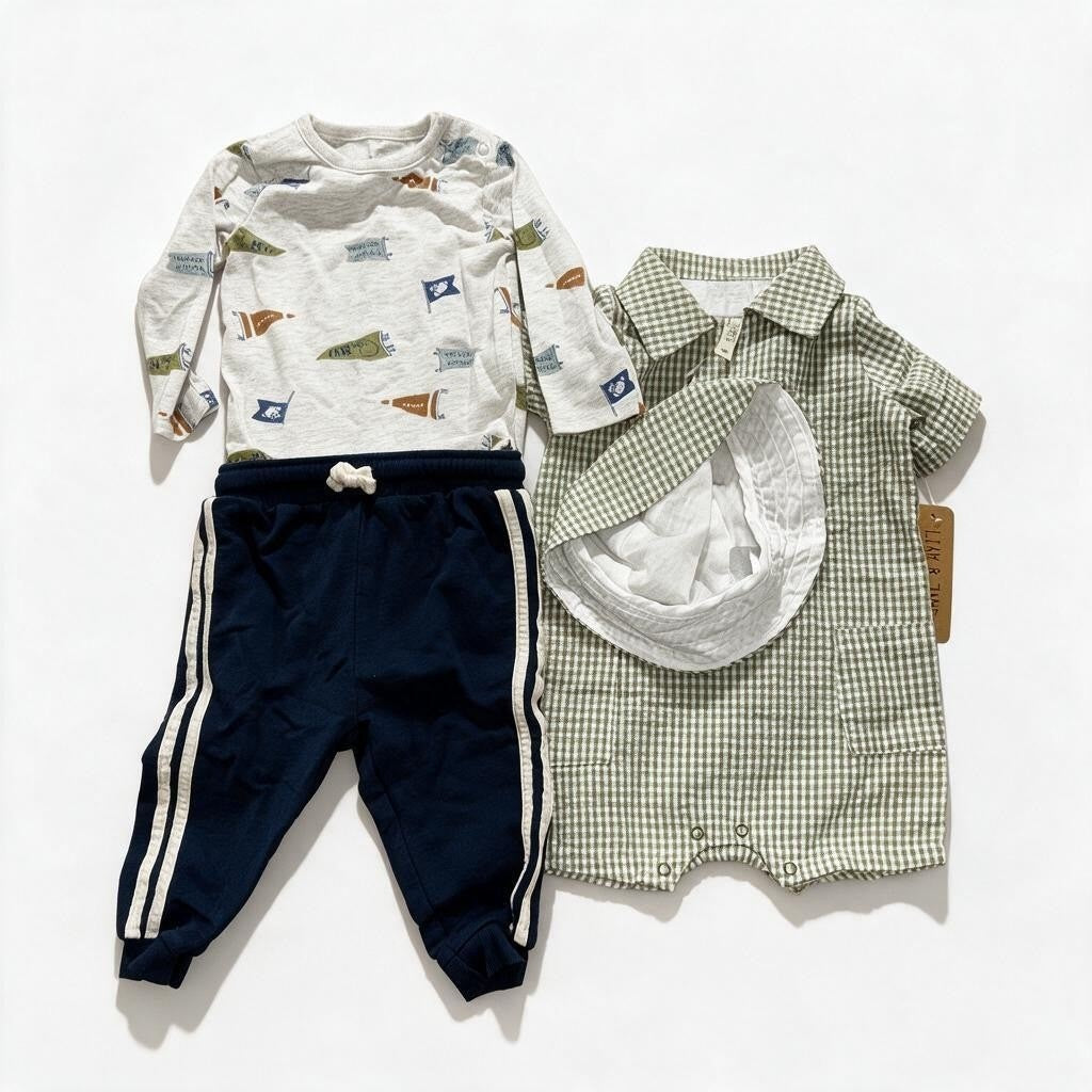 Carter's Liam & James Baby 12M Bundle Football Bodysuit Pants Gingham Romper Cap