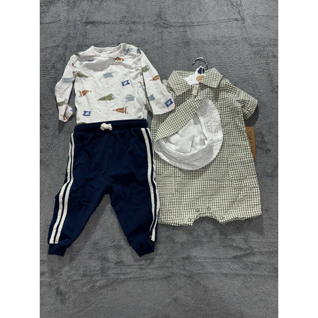 Carter's Liam & James Baby 12M Bundle Football Bodysuit Pants Gingham Romper Cap