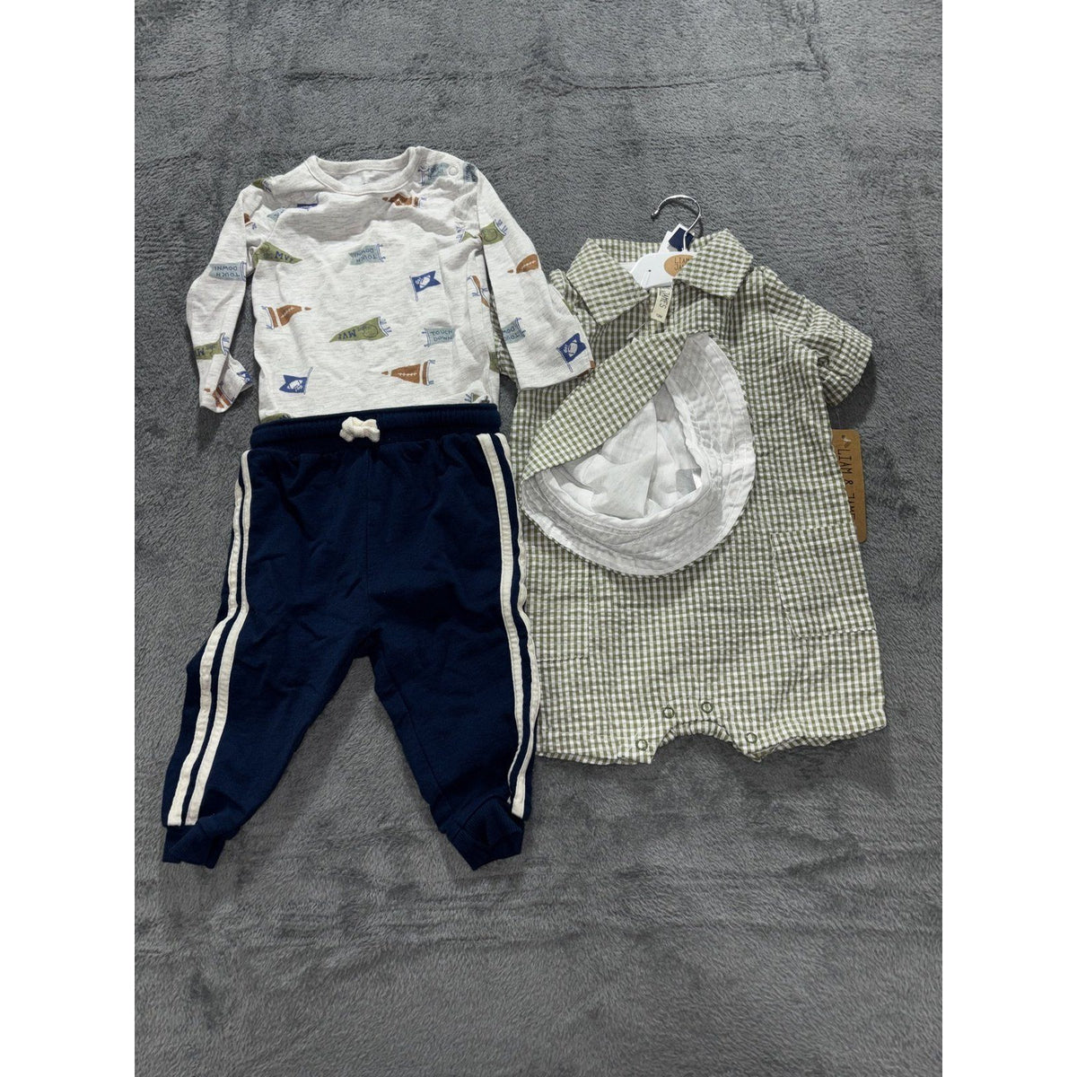 Carter's Liam & James Baby 12M Bundle Football Bodysuit Pants Gingham Romper Cap