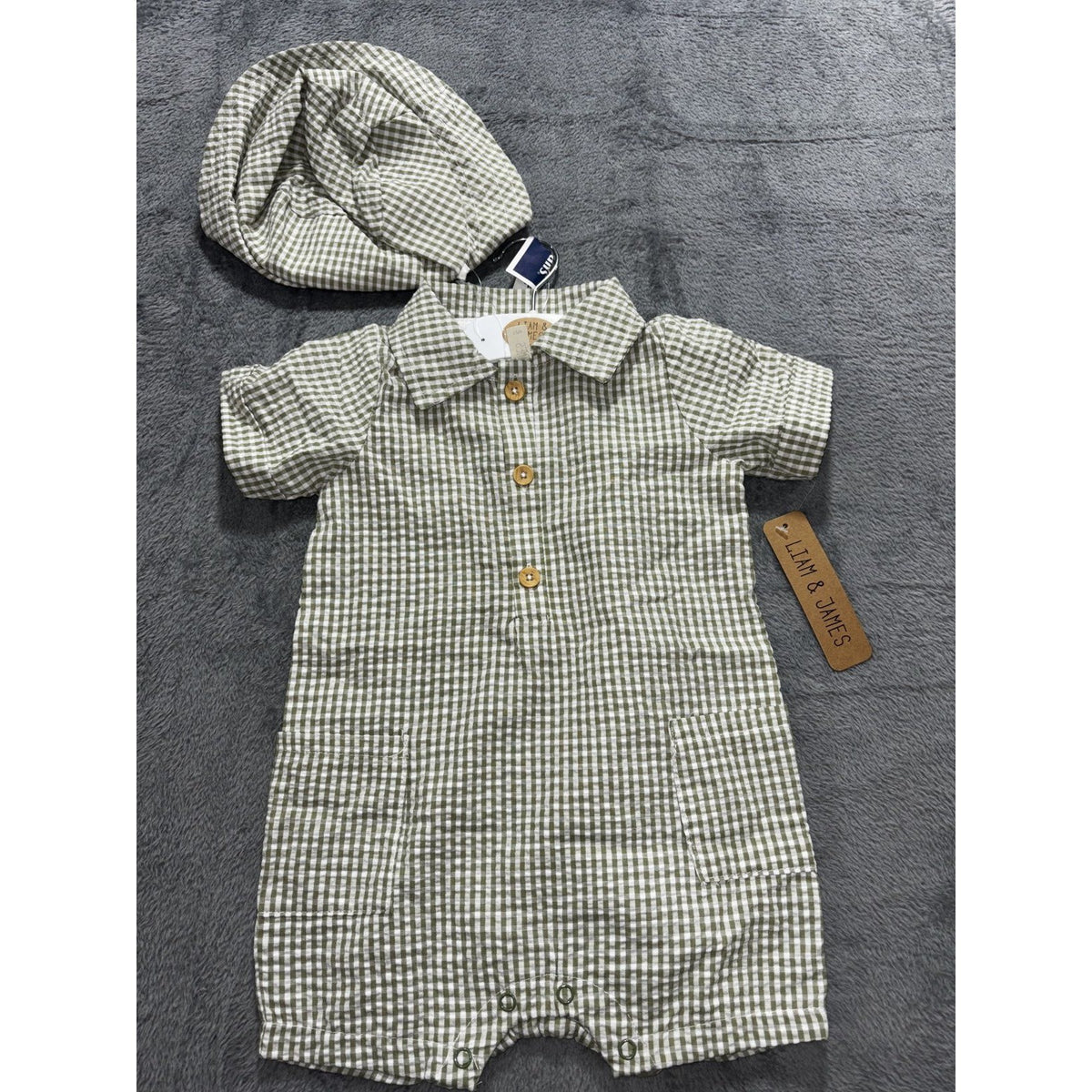 Carter's Liam & James Baby 12M Bundle Football Bodysuit Pants Gingham Romper Cap