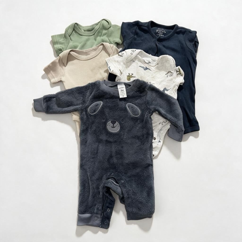 Carter's Baby 3M 5 Piece Bundle Rompers Bodysuits Bear Dino Navy Cream Green