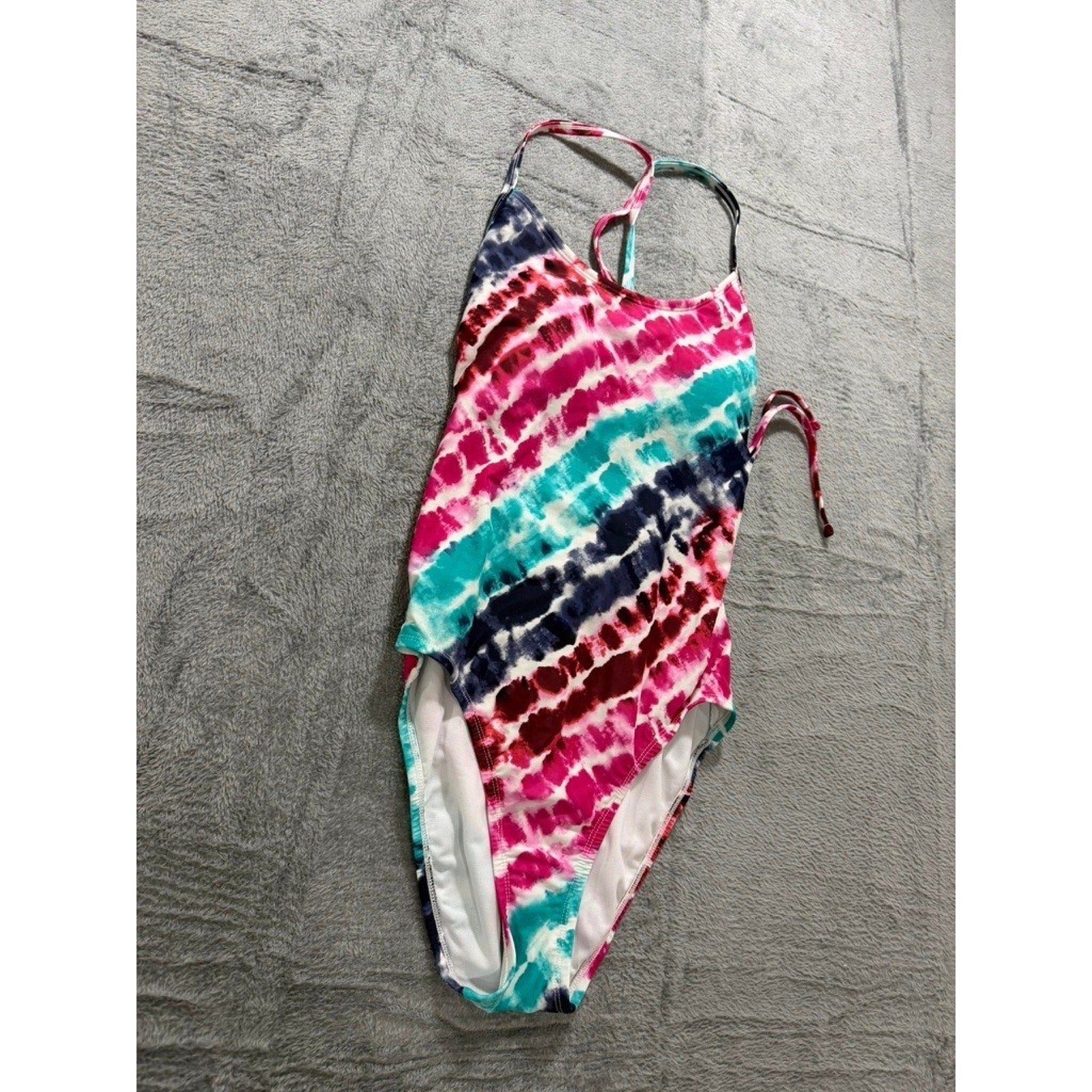 Women Tie Dye One Piece Swimsuit Pink Blue White Strappy Back Athletic