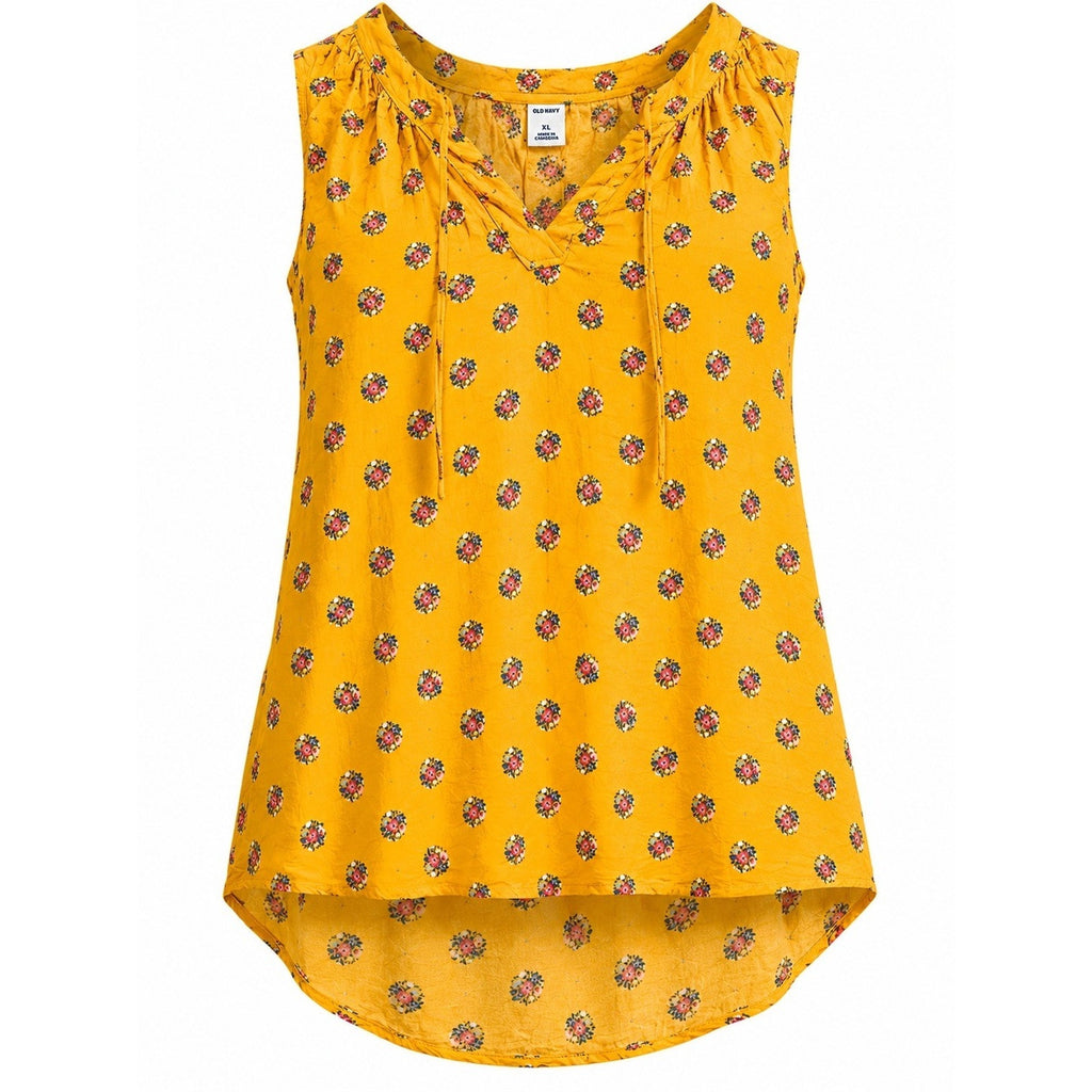 Old Navy Womens XL Mustard Yellow Floral Split Neck Tie Sleeveless Blouse Top