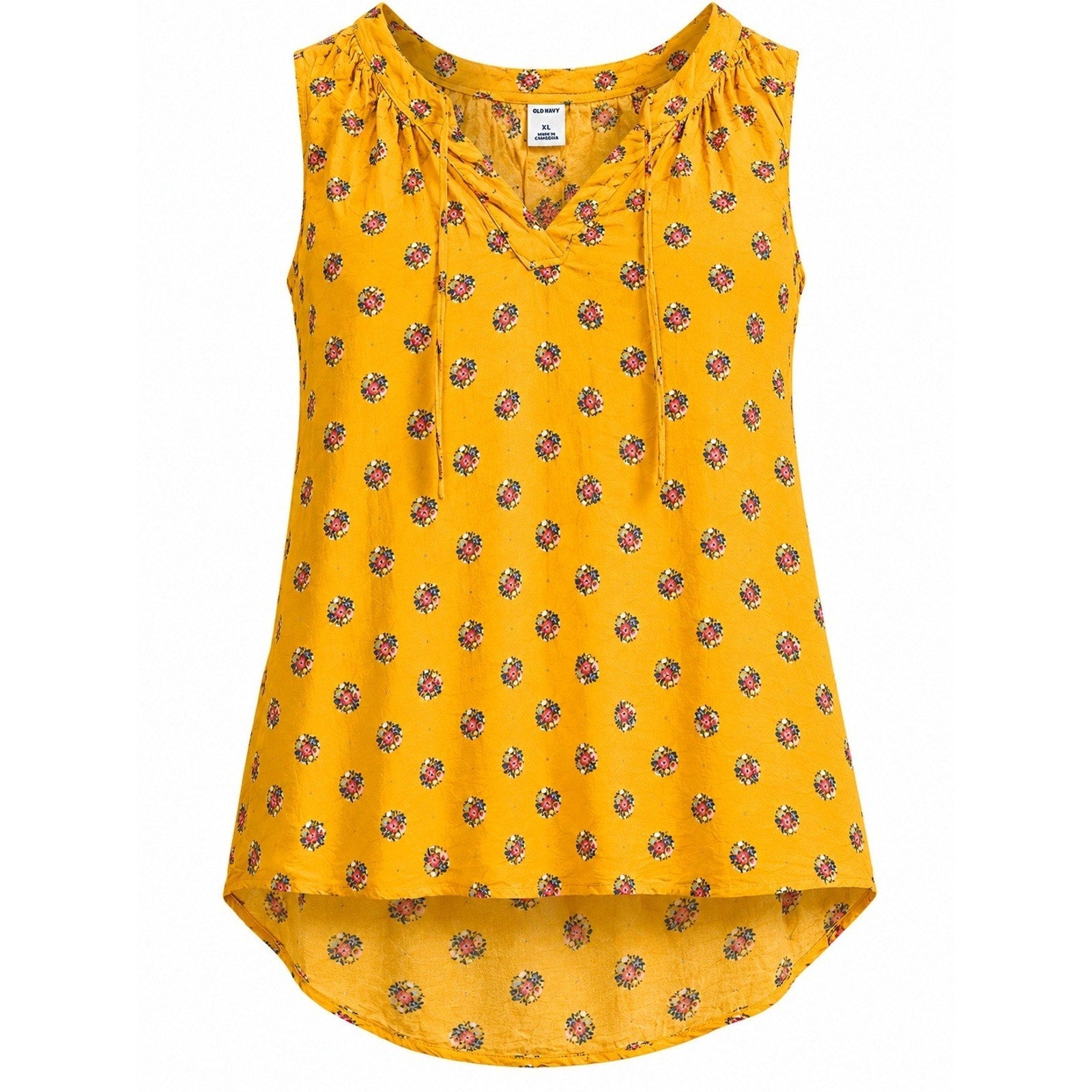 Old Navy Womens XL Mustard Yellow Floral Split Neck Tie Sleeveless Blouse Top