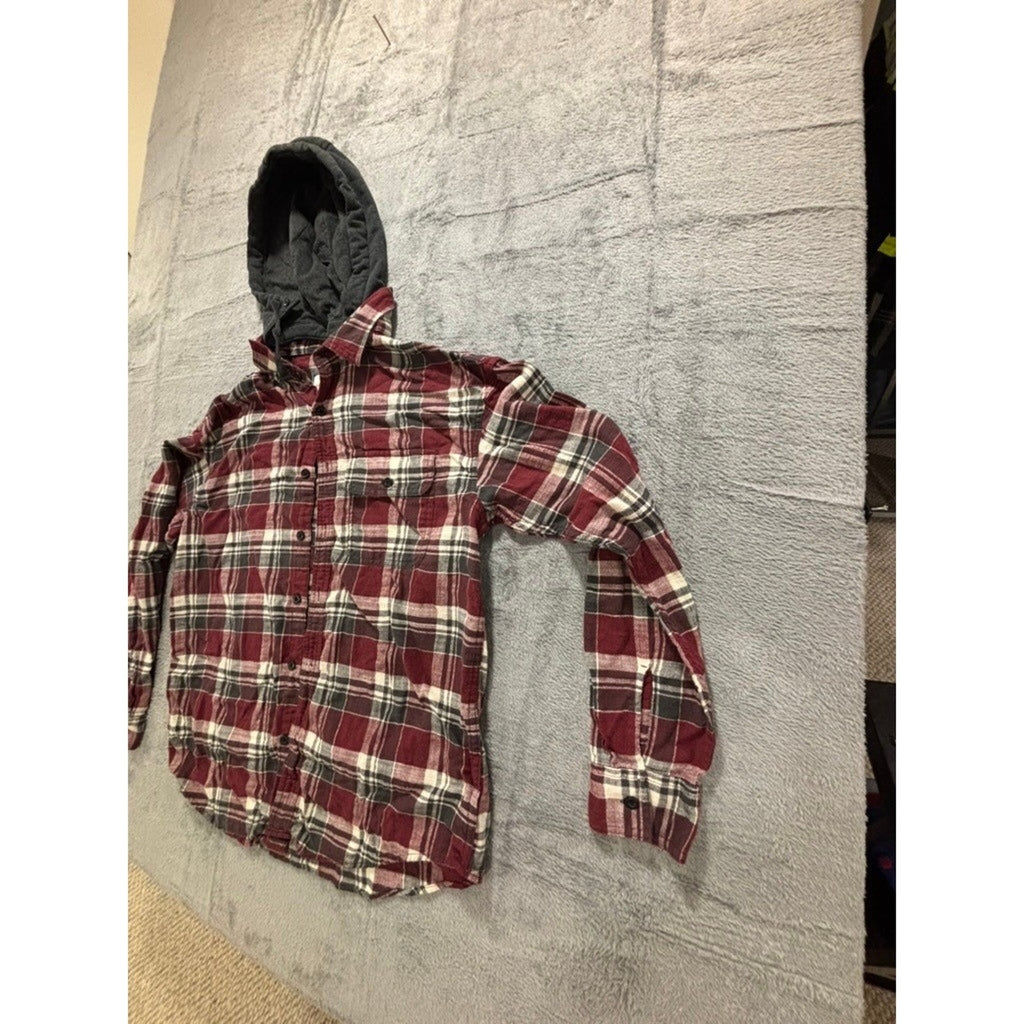 American Eagle M Red Plaid Hooded Flannel Shirt Womens Casual Vintage Style