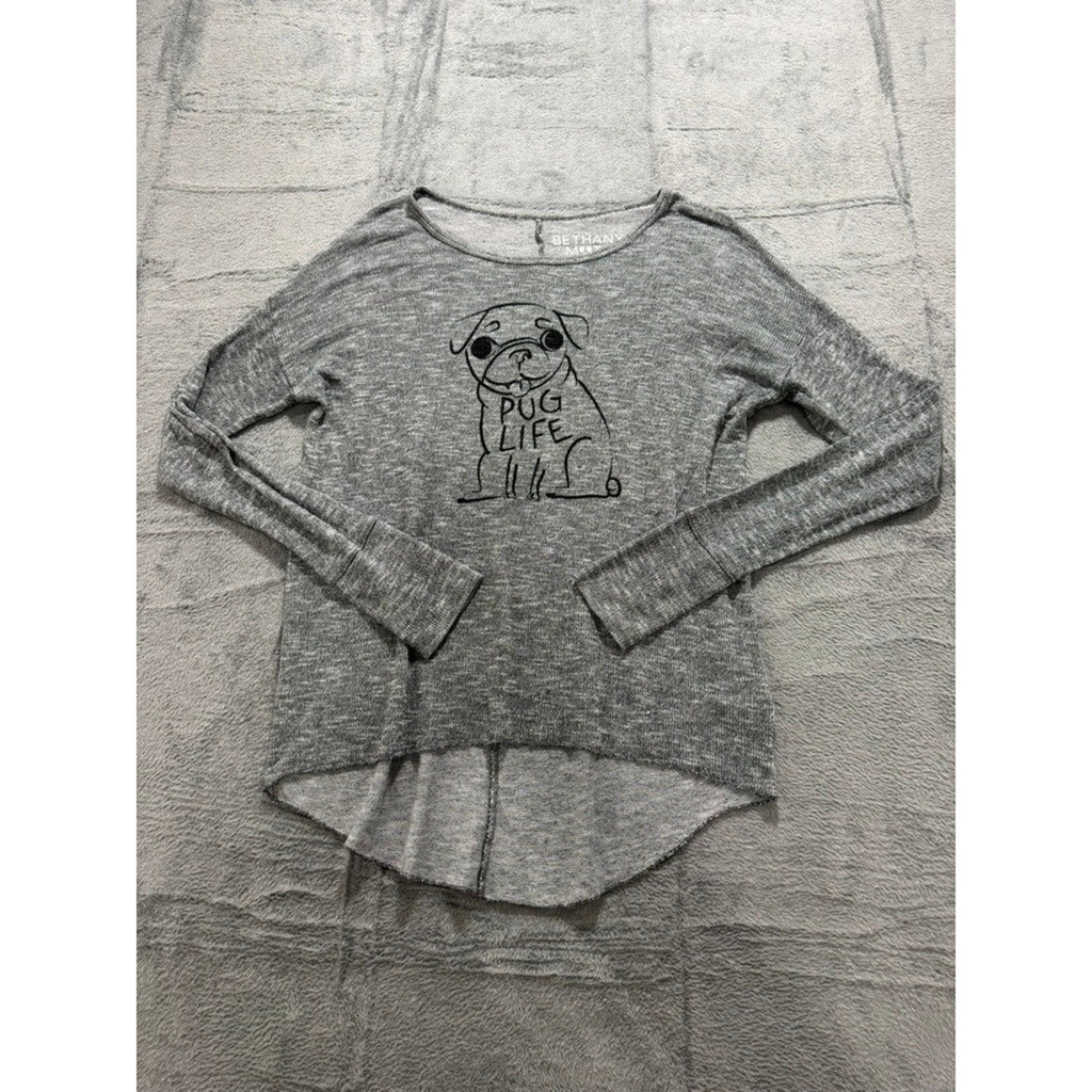 Bethany Mota Pug Life Graphic Knit Top Womens Medium Gray Casual Cute