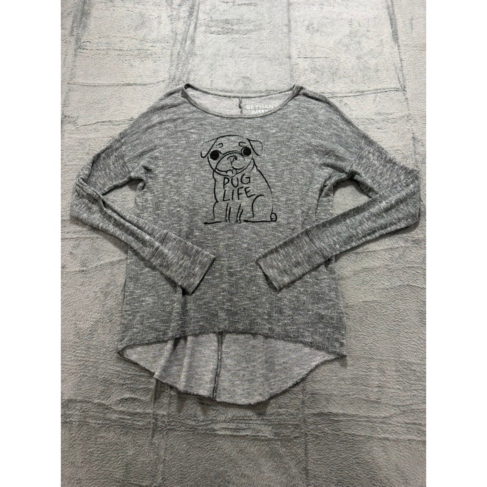 Bethany Mota Pug Life Graphic Knit Top Womens Medium Gray Casual Cute