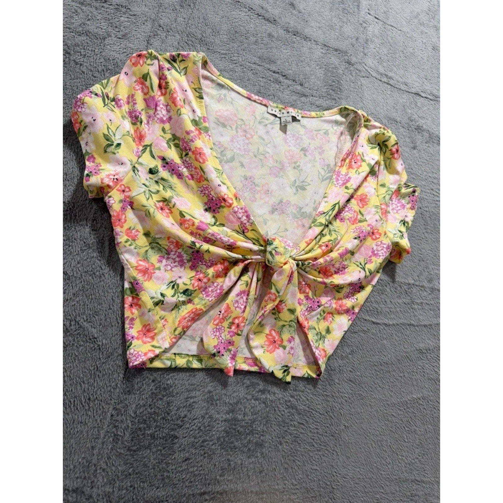 Haute Monde Womens Yellow Floral Tie Front Crop Top V-Neck Short Sleeve Large