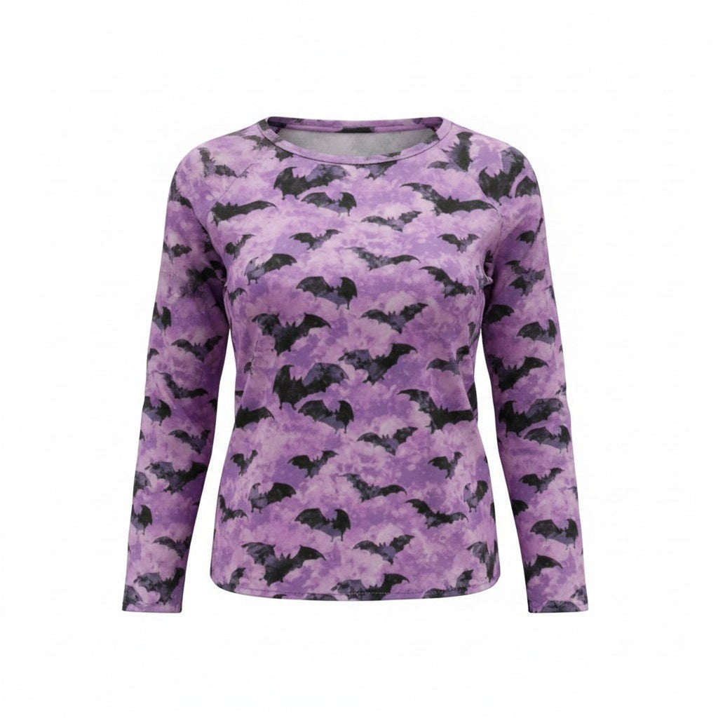 LuLaRoe Womens Purple Tie Dye Black Bat Long Sleeve Raglan Top XL Halloween Goth