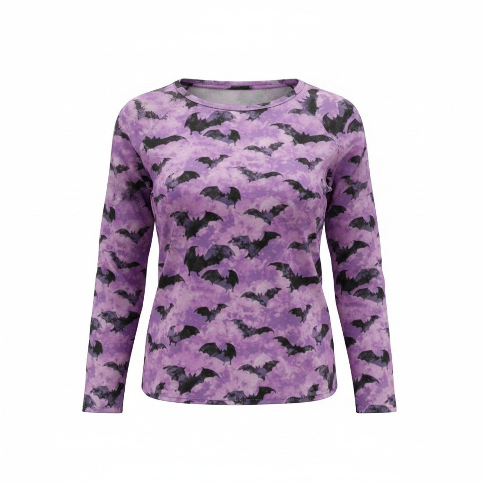 LuLaRoe Womens Purple Tie Dye Black Bat Long Sleeve Raglan Top XL Halloween Goth