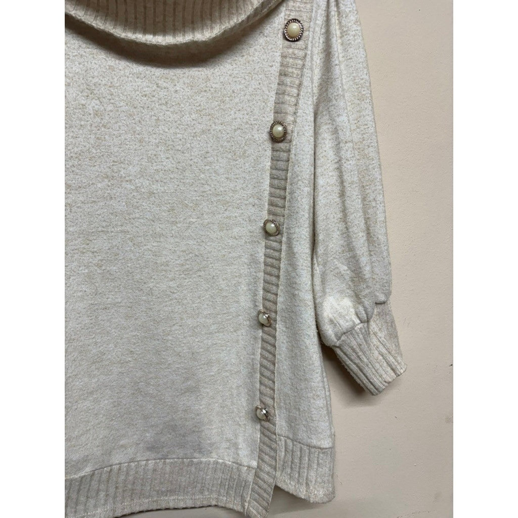 Adrienne Vittadini Cowl Neck Sweater Cream Button Detail Asym Hem Women's Large