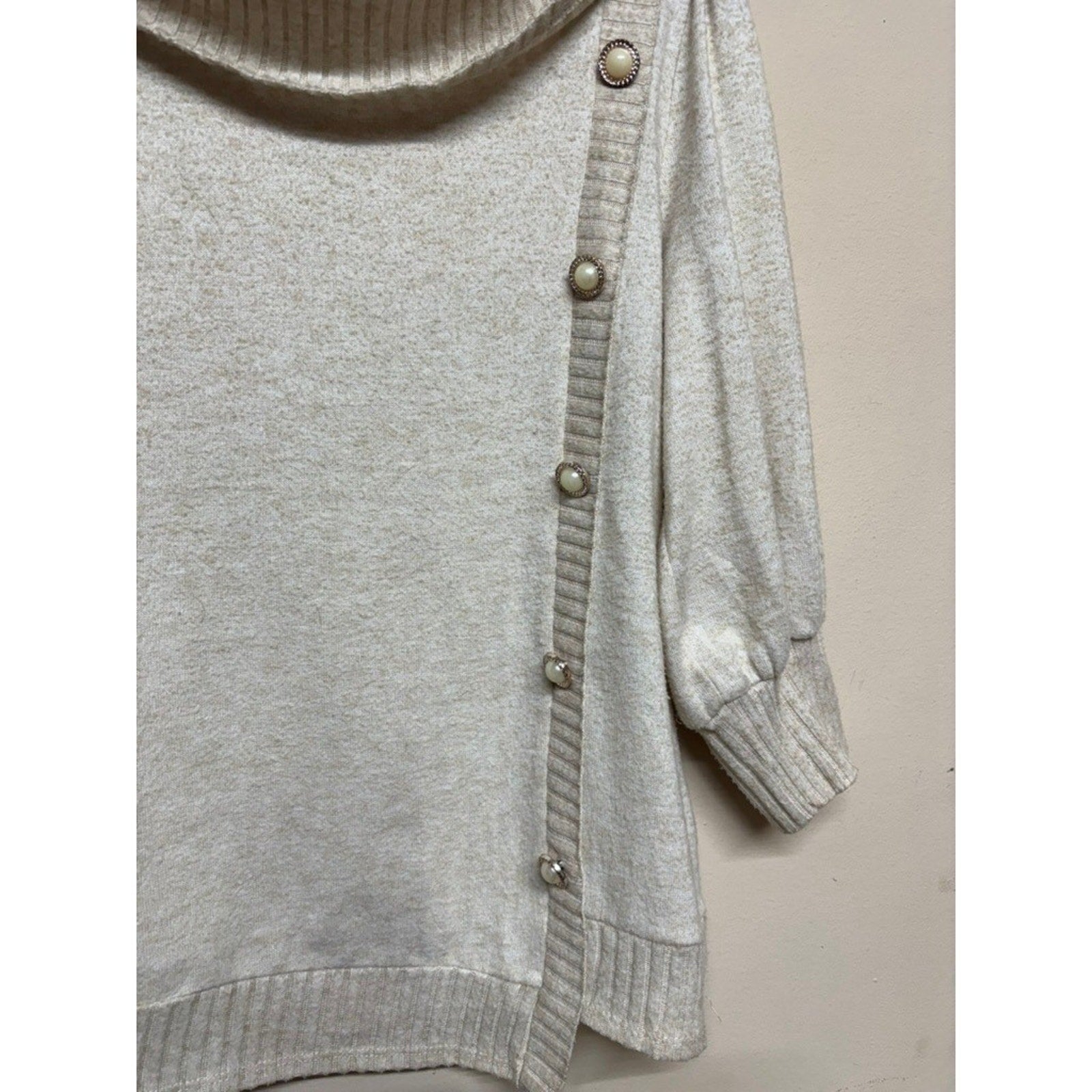 Adrienne Vittadini Cowl Neck Sweater Cream Button Detail Asym Hem Women's Large