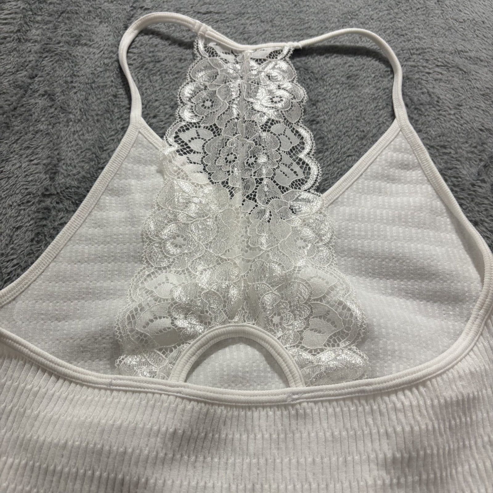 One Step Up Womens SM White Lace Racerback Crop Top Boho Festival Coquette Cute
