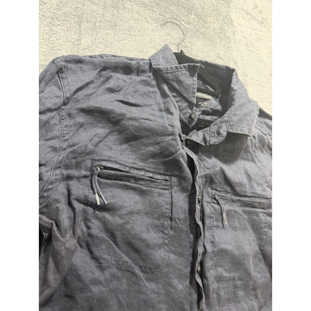 Armani Exchange Mens M Charcoal Gray Linen Button Up Shirt Zip Pockets Casual