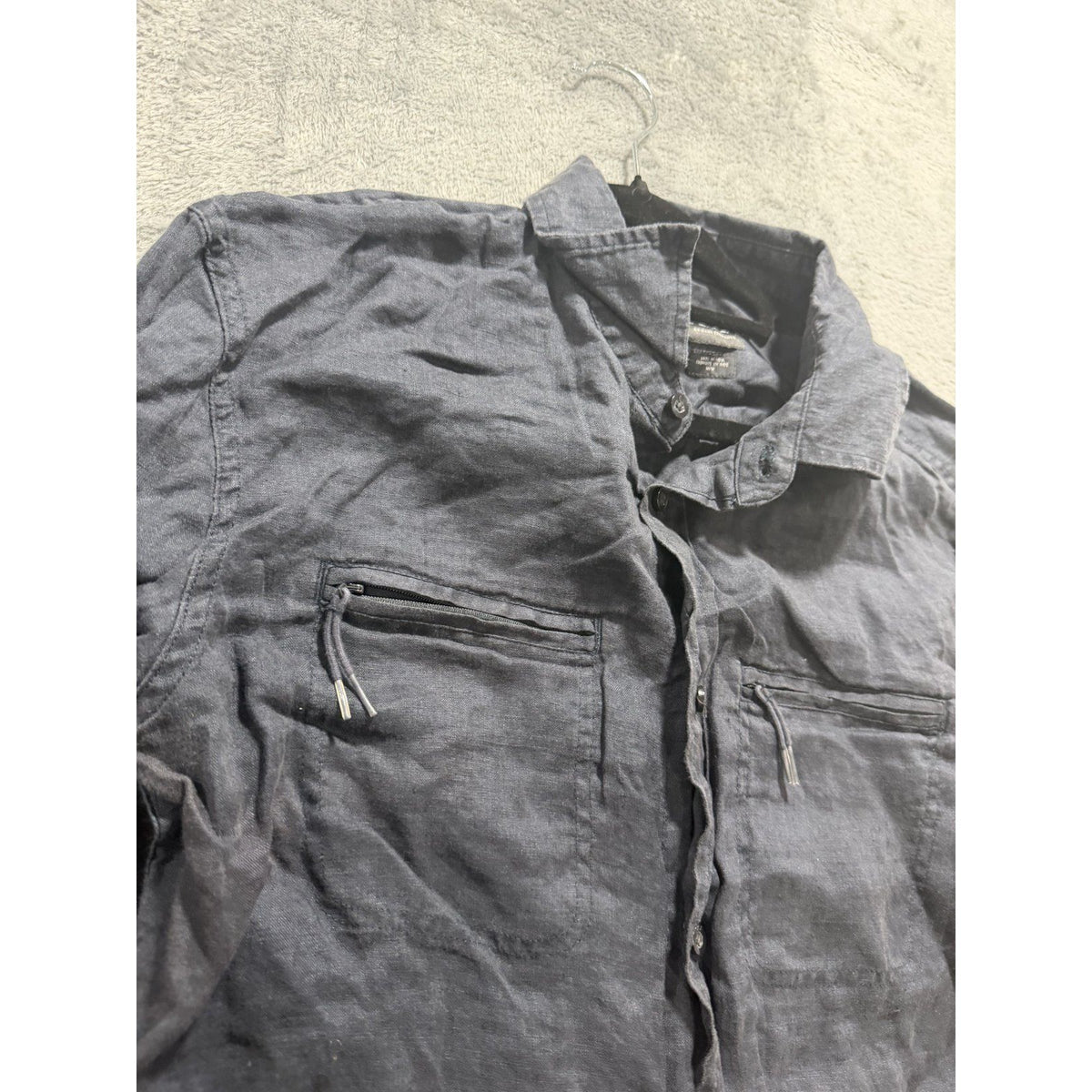 Armani Exchange Mens M Charcoal Gray Linen Button Up Shirt Zip Pockets Casual