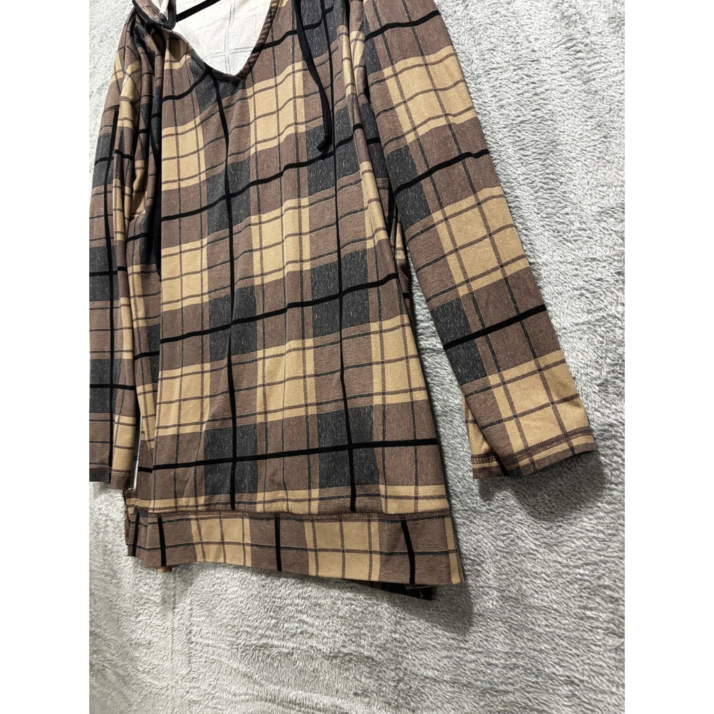 LuLaRoe Womens XL Tan Brown Plaid Hooded Tunic Top Casual Cozy