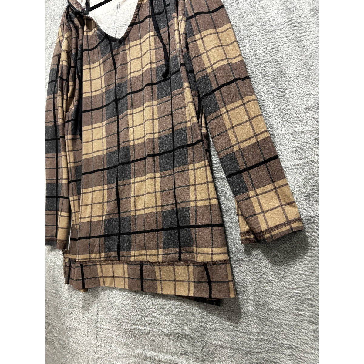 LuLaRoe Womens XL Tan Brown Plaid Hooded Tunic Top Casual Cozy
