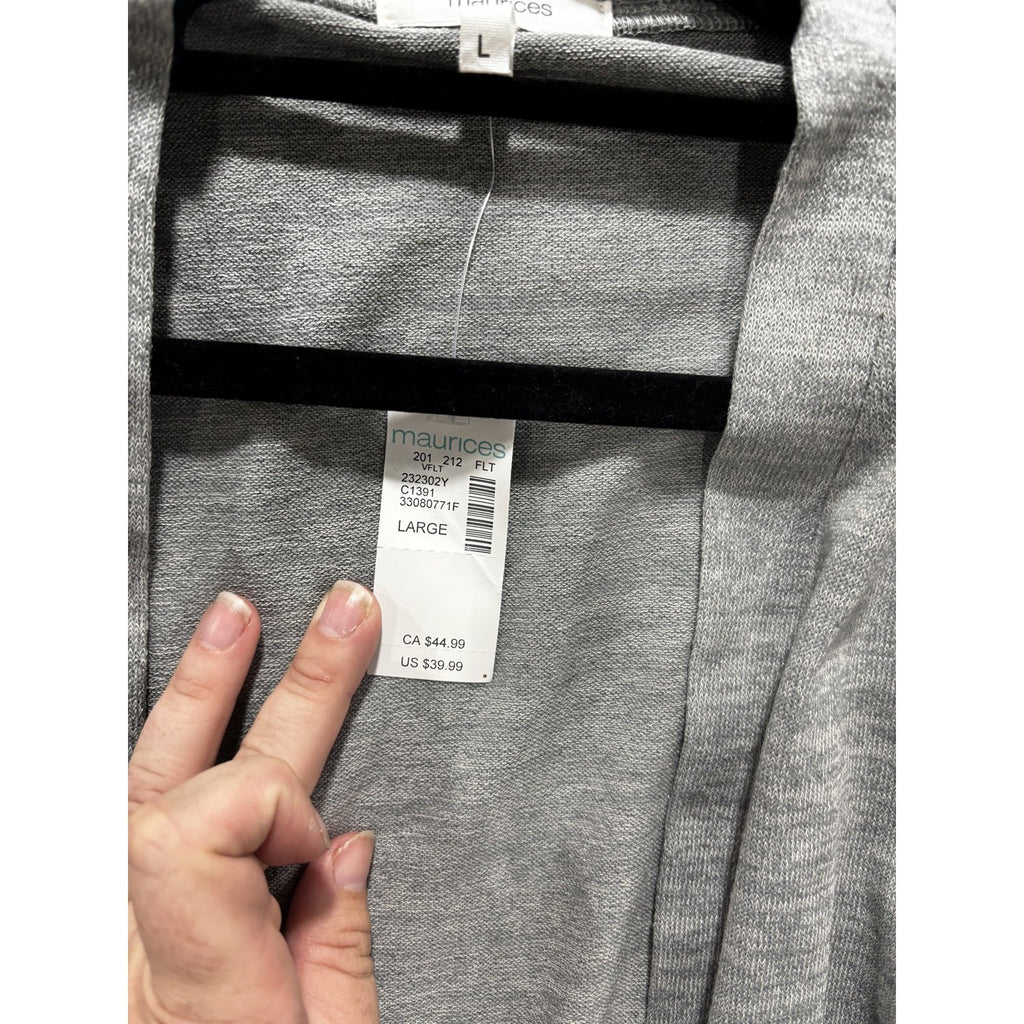 NWT Maurices Womens L Heather Gray Open Front Cardigan Drawstring Waist Casual