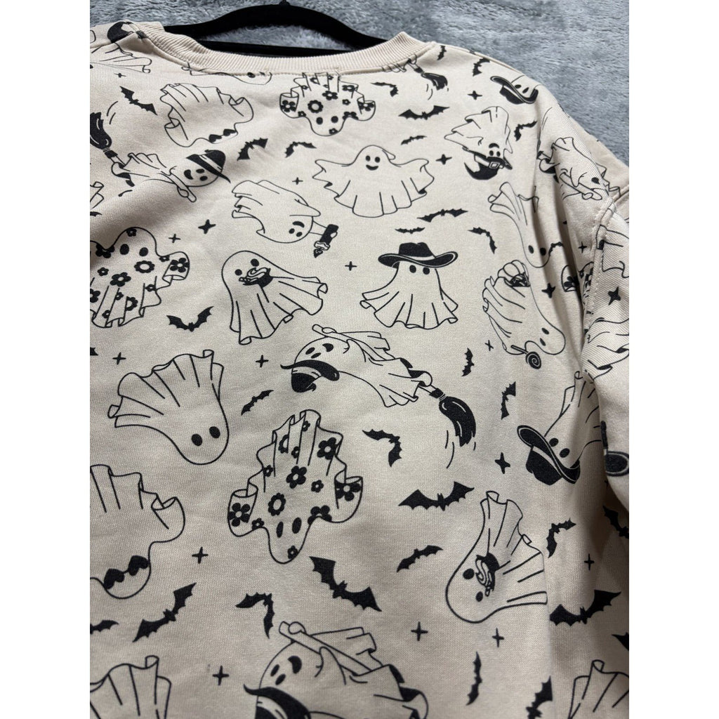 Wound Up Womens L Beige Ghost Print Crewneck Sweatshirt Halloween Cozy