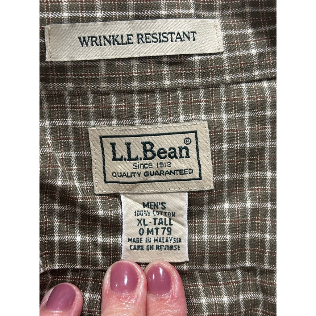 L.L.Bean XL Tall Olive Cream Check Button Up Shirt Preppy Casual