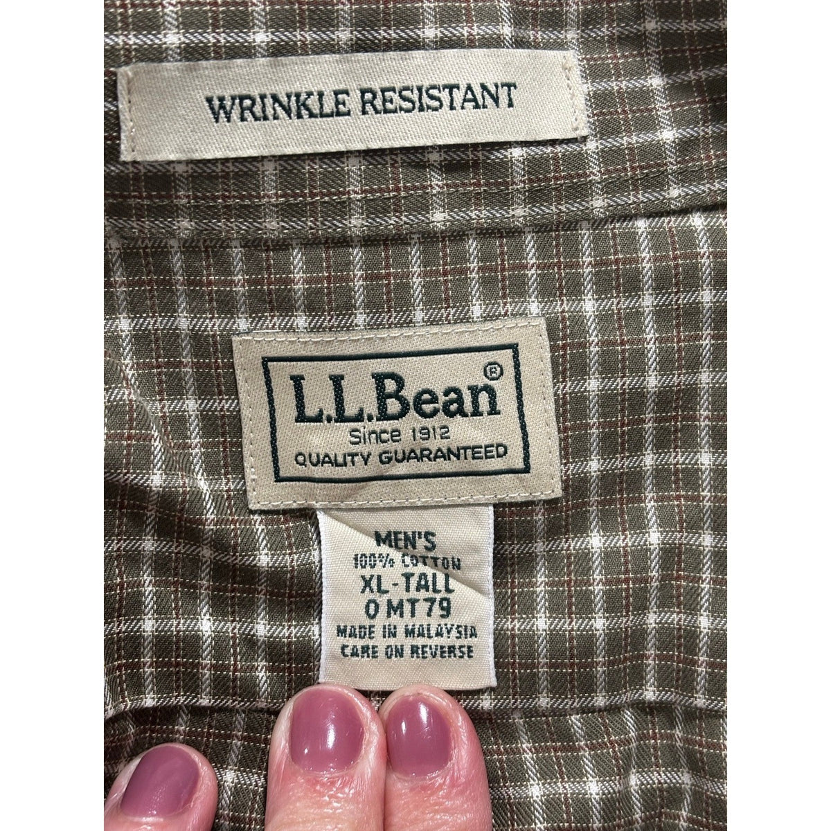 L.L.Bean XL Tall Olive Cream Check Button Up Shirt Preppy Casual