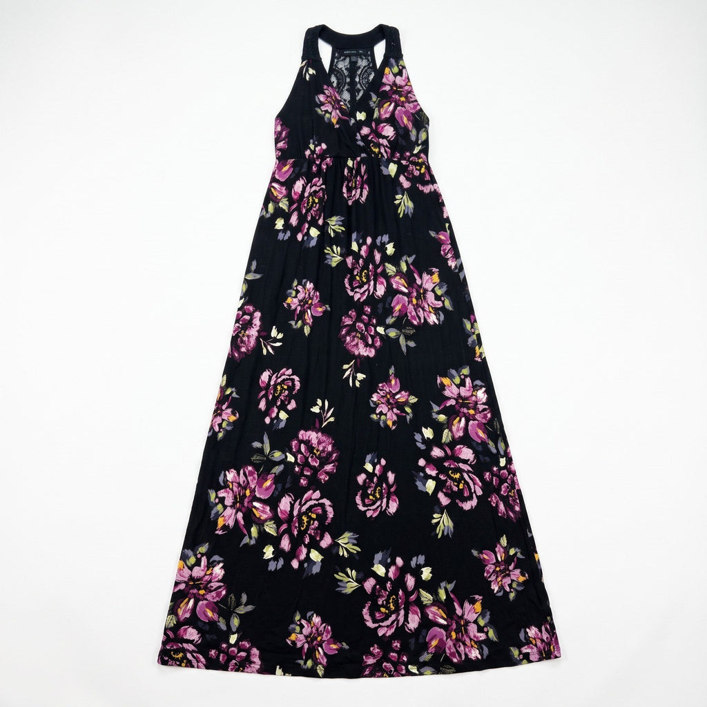 Elle Womens S Black Pink Floral Maxi Dress Lace Back Boho Casual