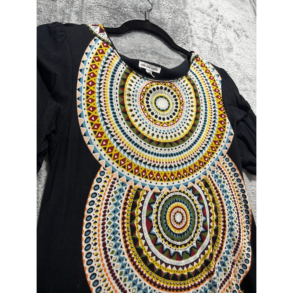 Cha Cha Vente Womens S Black Geometric Mandala Print Boho Festival Mini Dress
