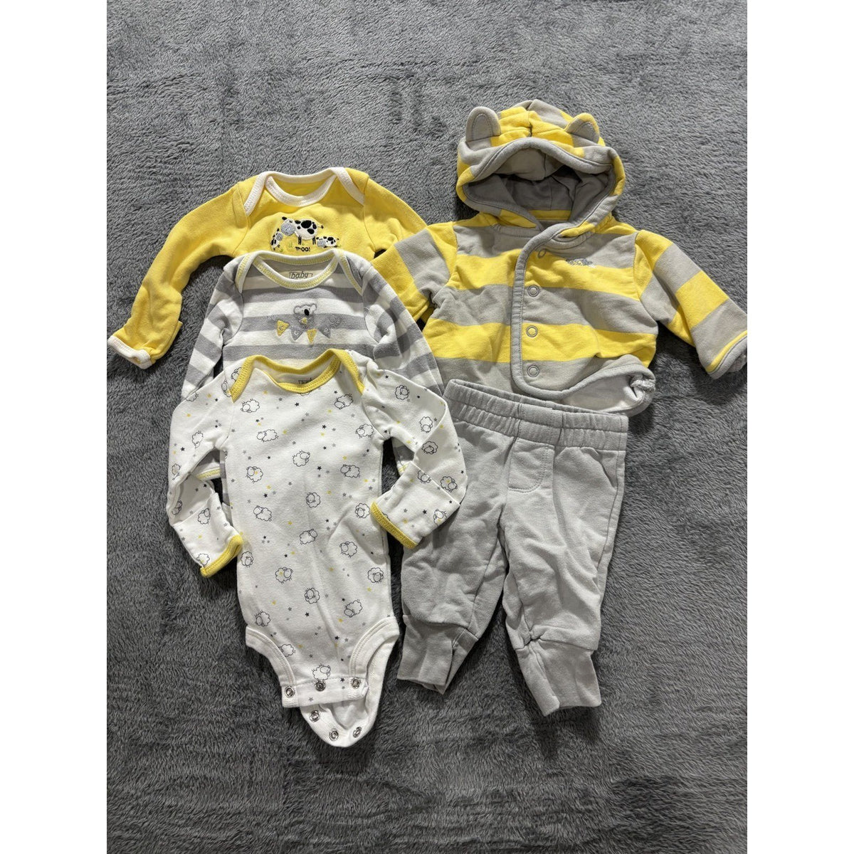baby B'gosh Baby NB 5 Piece Bundle Hoodie Pants Bodysuits Yellow Gray