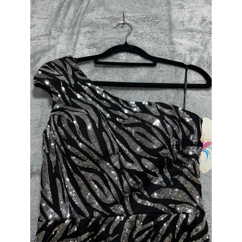 Beyond 0 Black Silver Sequin Zebra One Shoulder Womens Mini Dress Party
