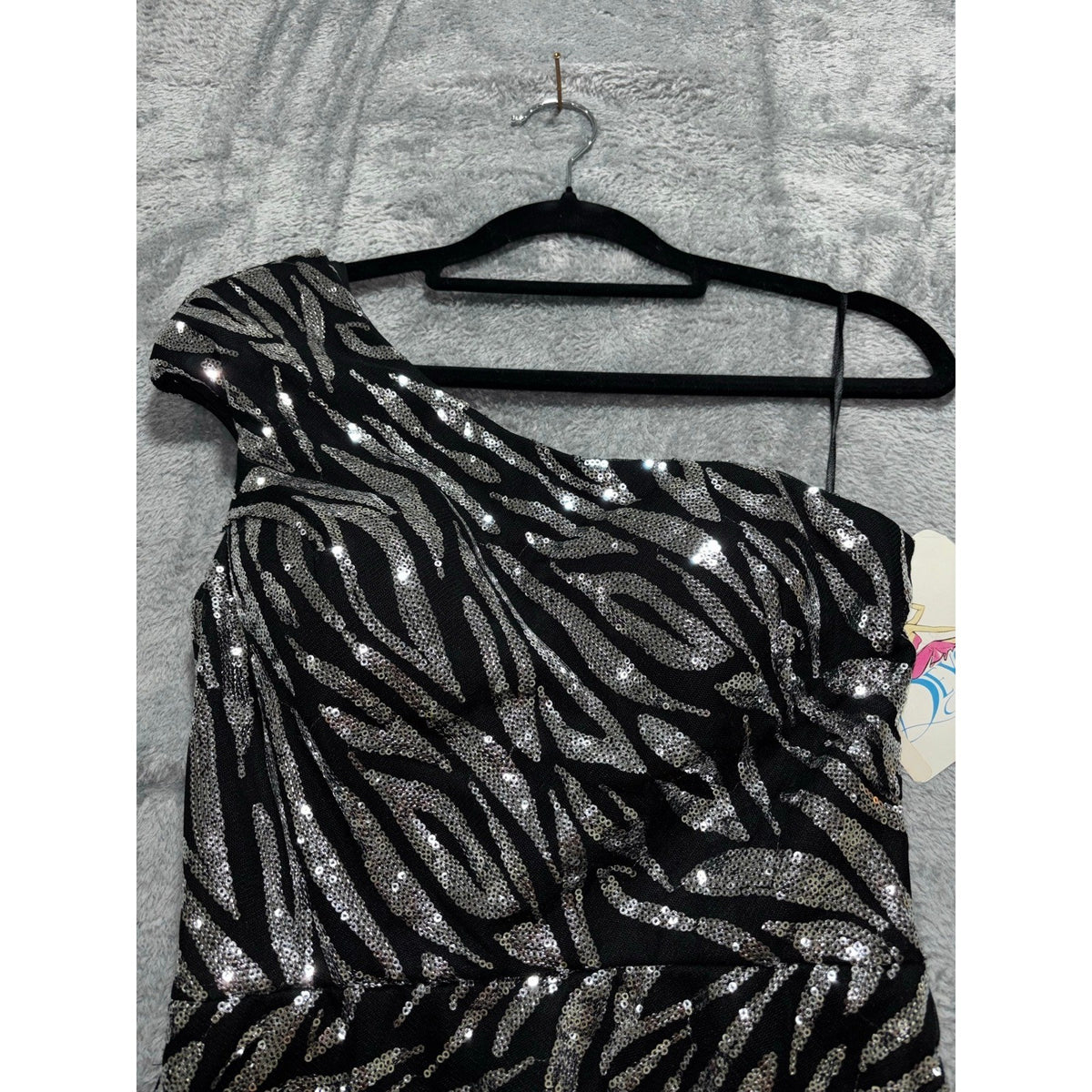 Beyond 0 Black Silver Sequin Zebra One Shoulder Womens Mini Dress Party