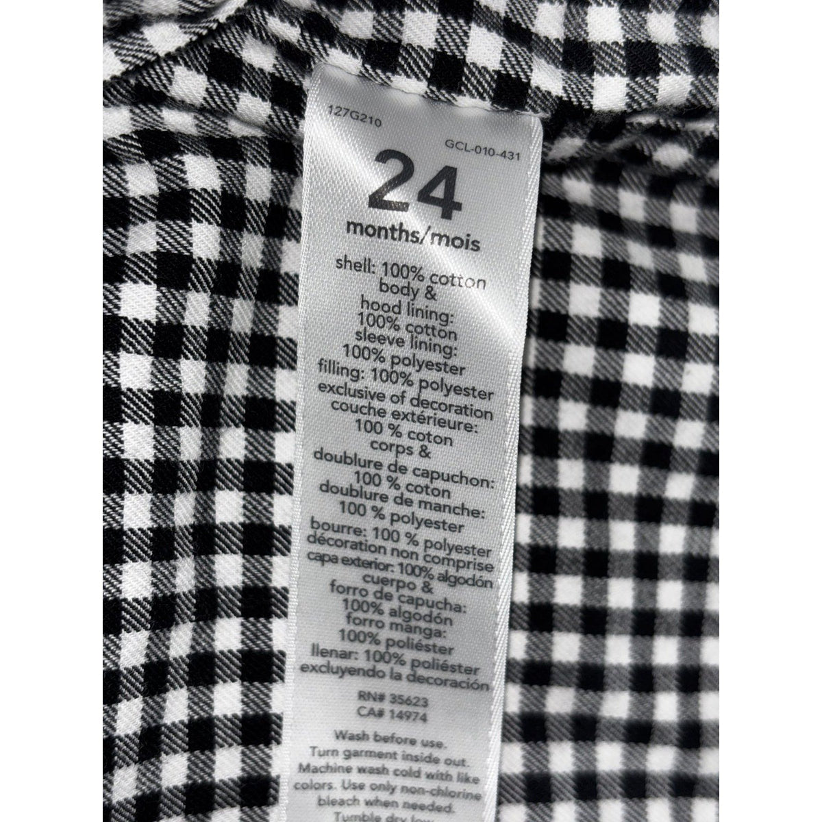 Carter's Baby 24M Hooded Jacket Coat Black Gingham Lined Snap Front