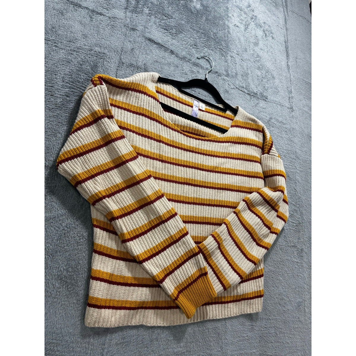 Alya Womens S Cream Mustard Burgundy Striped Ribbed Pullover Sweater