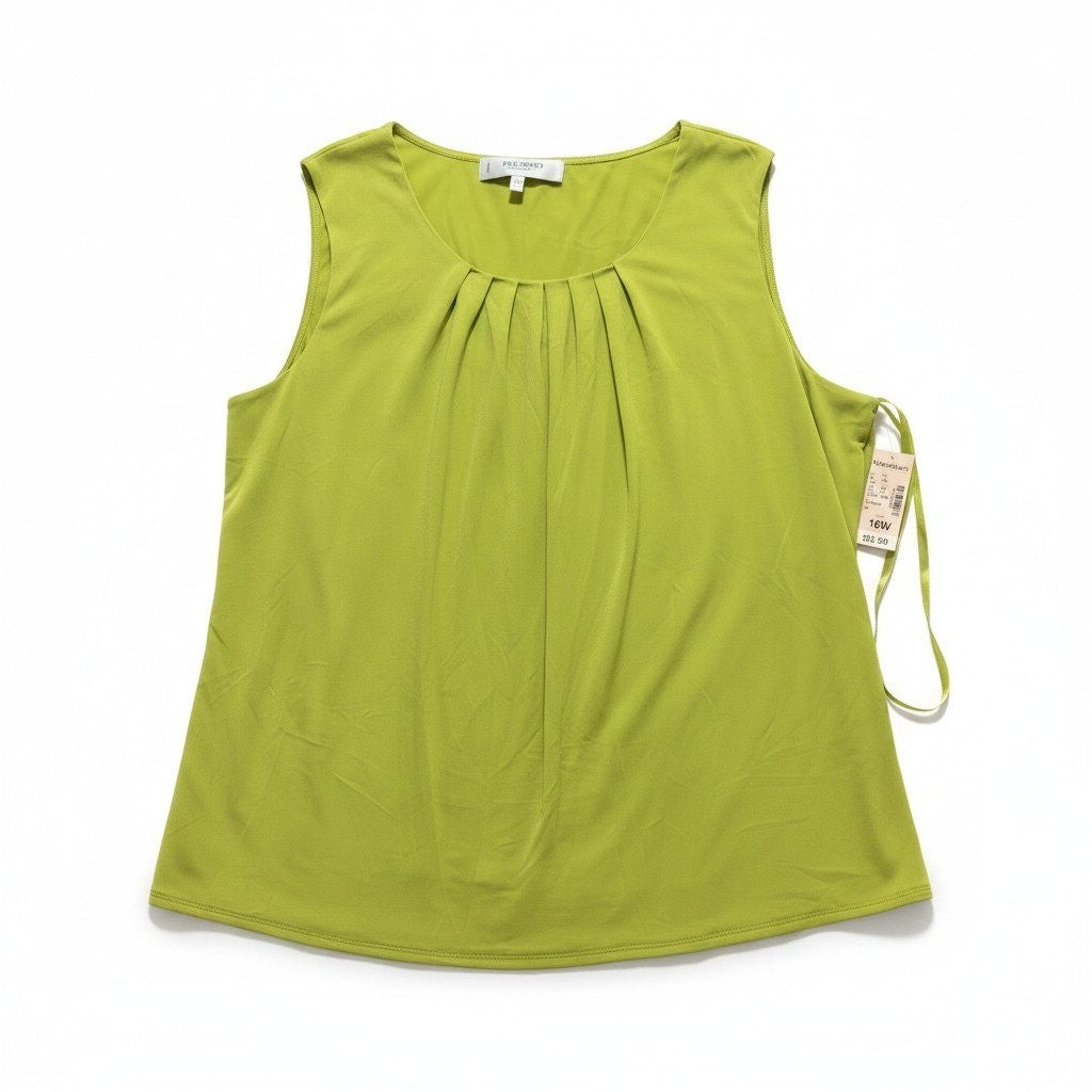 Jones Studio 16W Lime Green Sleeveless Pleated Neck Womens Tank Top Vintage NWT