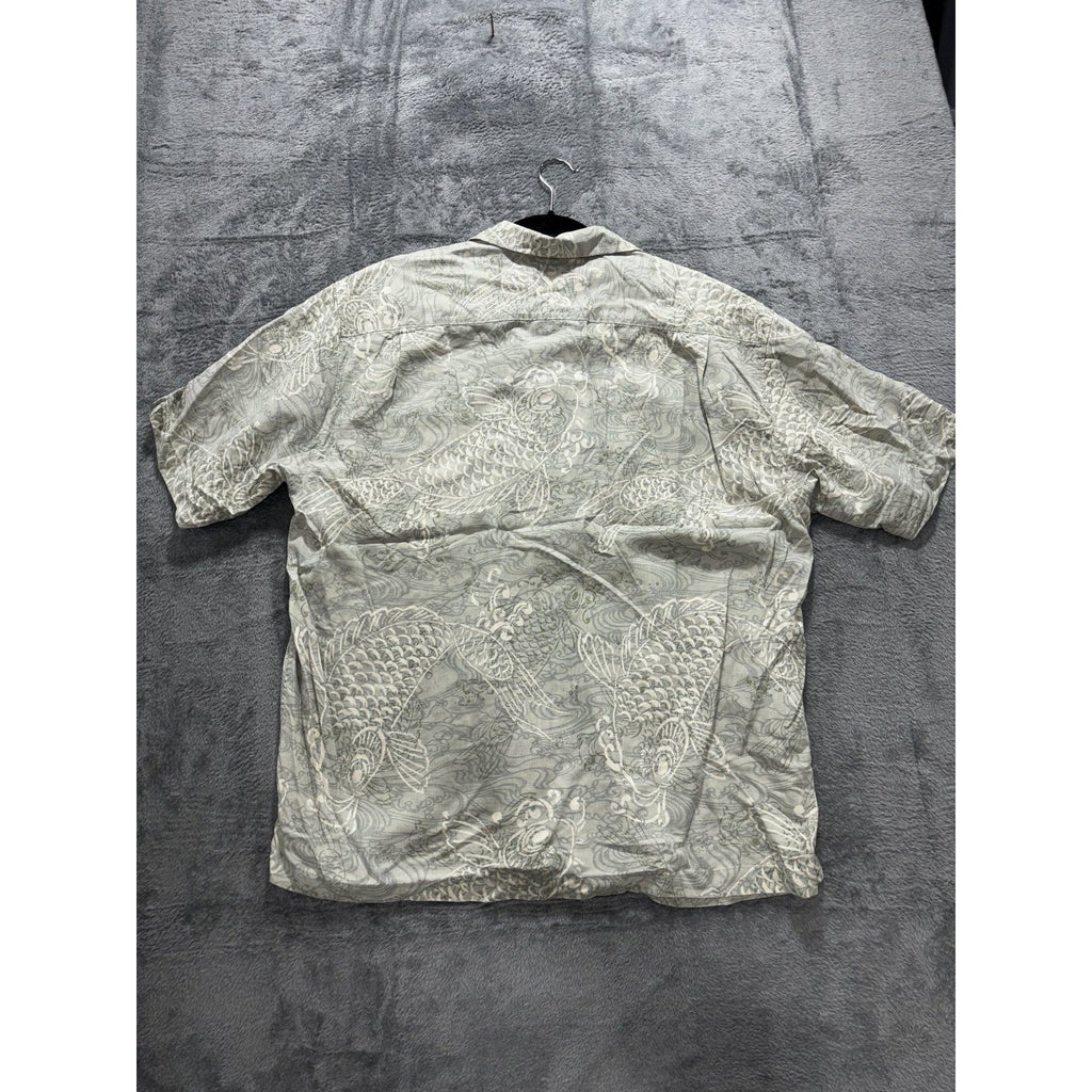 Tommy Bahama Mens XL Gray Green Koi Fish Print Short Sleeve Button Up Shirt