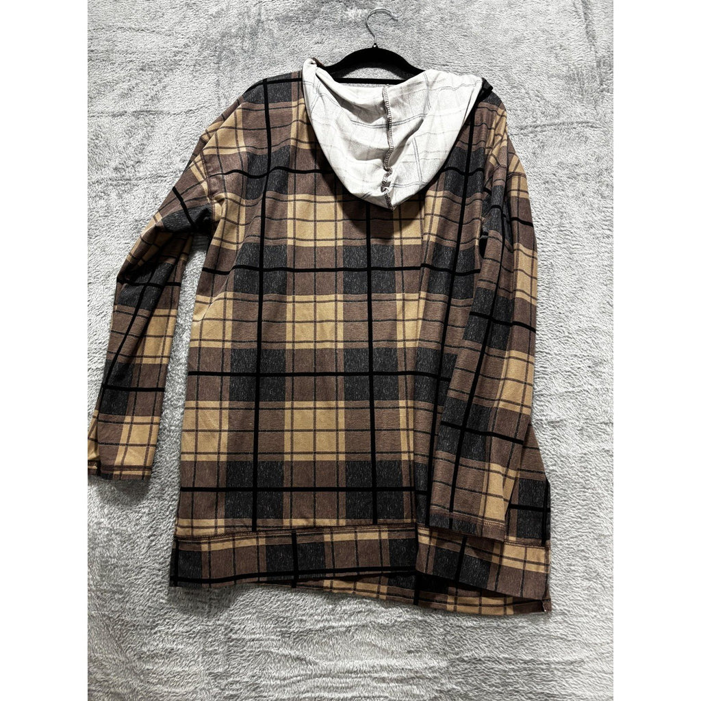 LuLaRoe Womens XL Tan Brown Plaid Hooded Tunic Top Casual Cozy