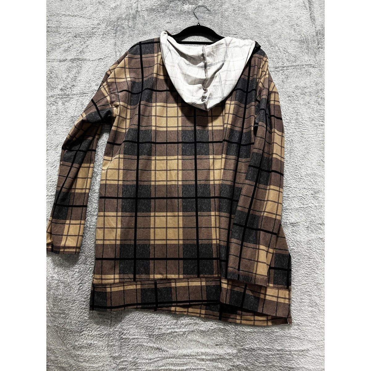 LuLaRoe Womens XL Tan Brown Plaid Hooded Tunic Top Casual Cozy