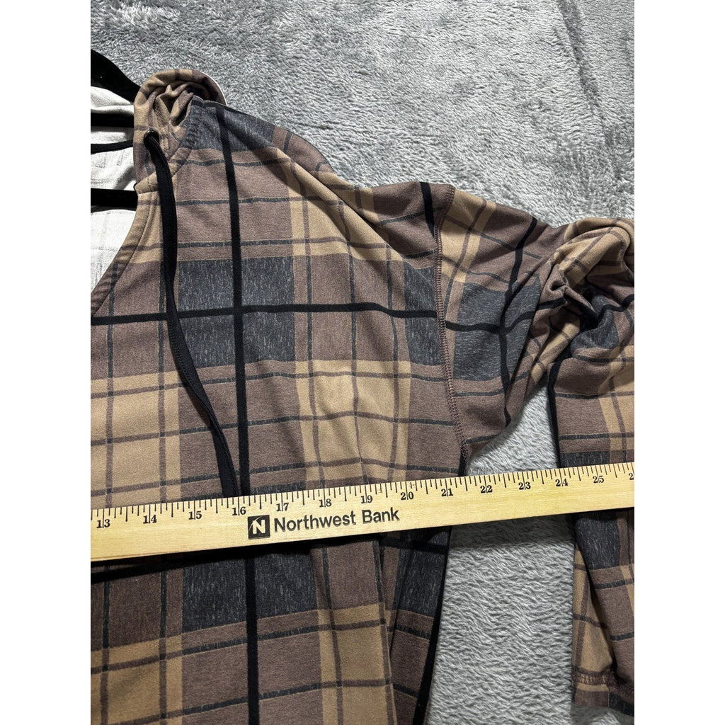 LuLaRoe Womens XL Tan Brown Plaid Hooded Tunic Top Casual Cozy
