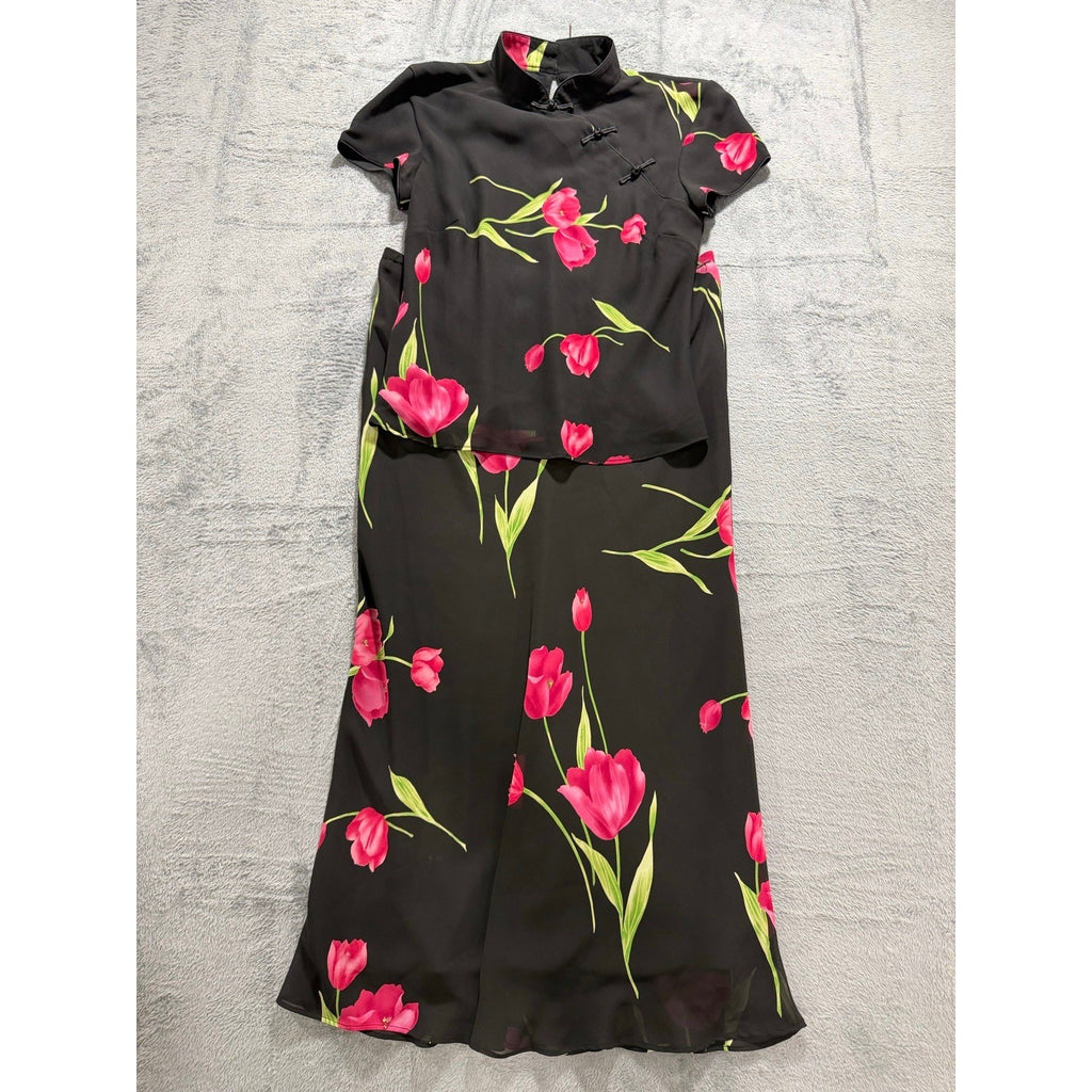 Studio I Womens 6 Black Floral Tulip Top Midi Skirt Set Vintage Boho 2pc
