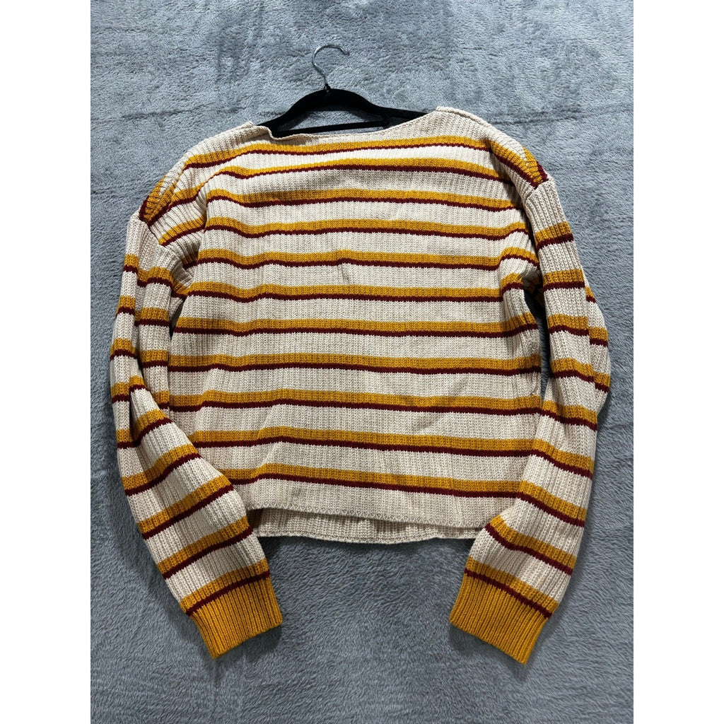 Alya Womens S Cream Mustard Burgundy Striped Ribbed Pullover Sweater