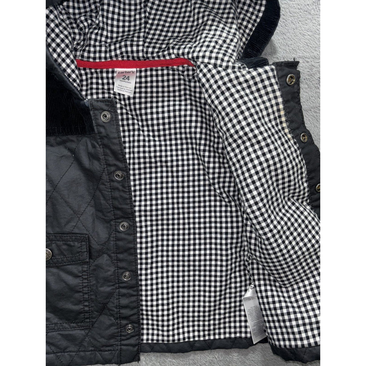 Carter's Baby 24M Hooded Jacket Coat Black Gingham Lined Snap Front