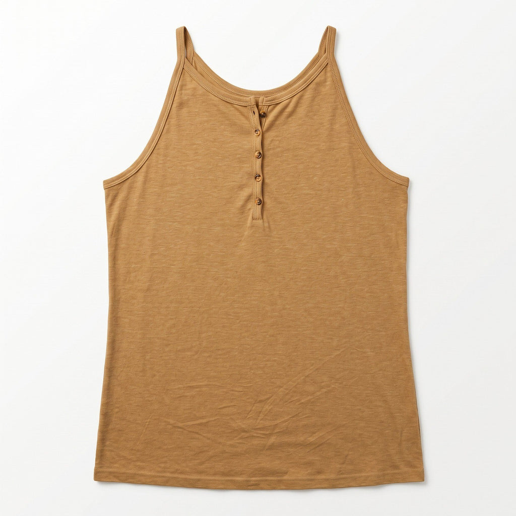 Womens Camel Tan Henley Cami Tank Top Sleeveless Casual Boho Minimalist