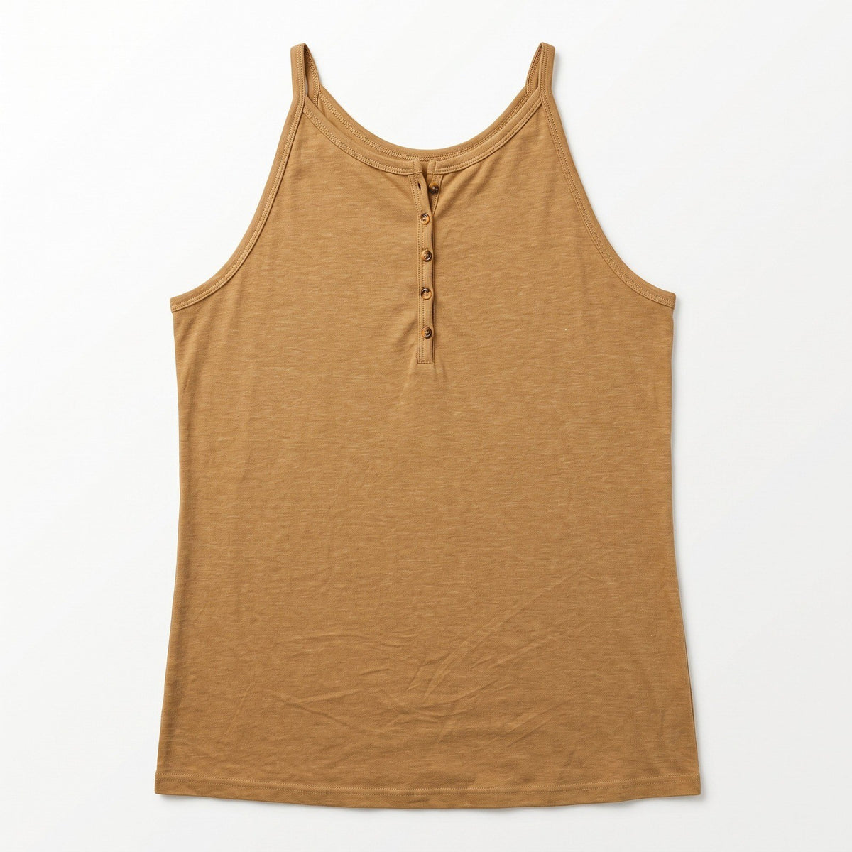 Womens Camel Tan Henley Cami Tank Top Sleeveless Casual Boho Minimalist