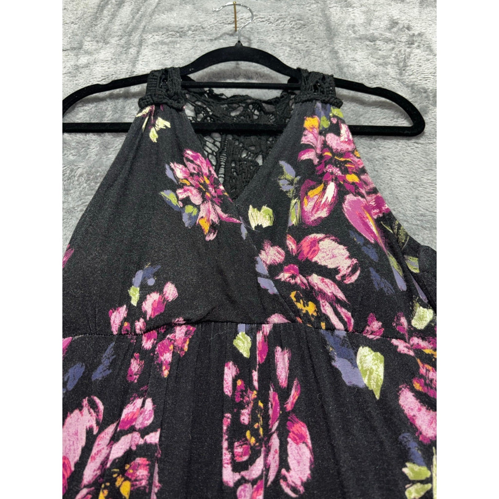 Elle Womens S Black Pink Floral Maxi Dress Lace Back Boho Casual