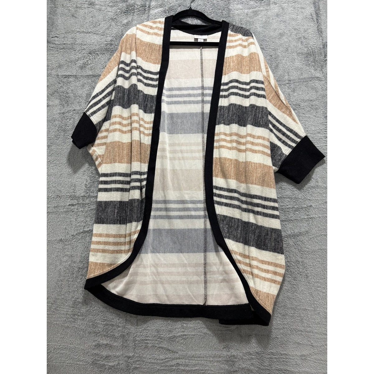 LuLaRoe Womens L Striped Open Front Cocoon Cardigan Black Trim Casual Boho