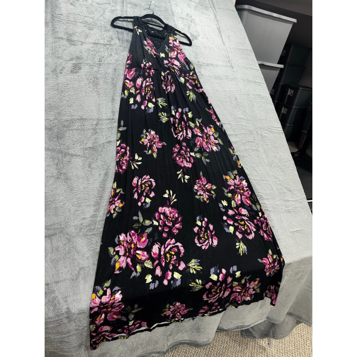 Elle Womens S Black Pink Floral Maxi Dress Lace Back Boho Casual